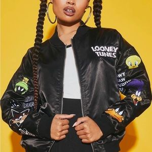 BNWT Looney Tunes Dolls Kill Satin Patched Bomber Jacket Embroidered